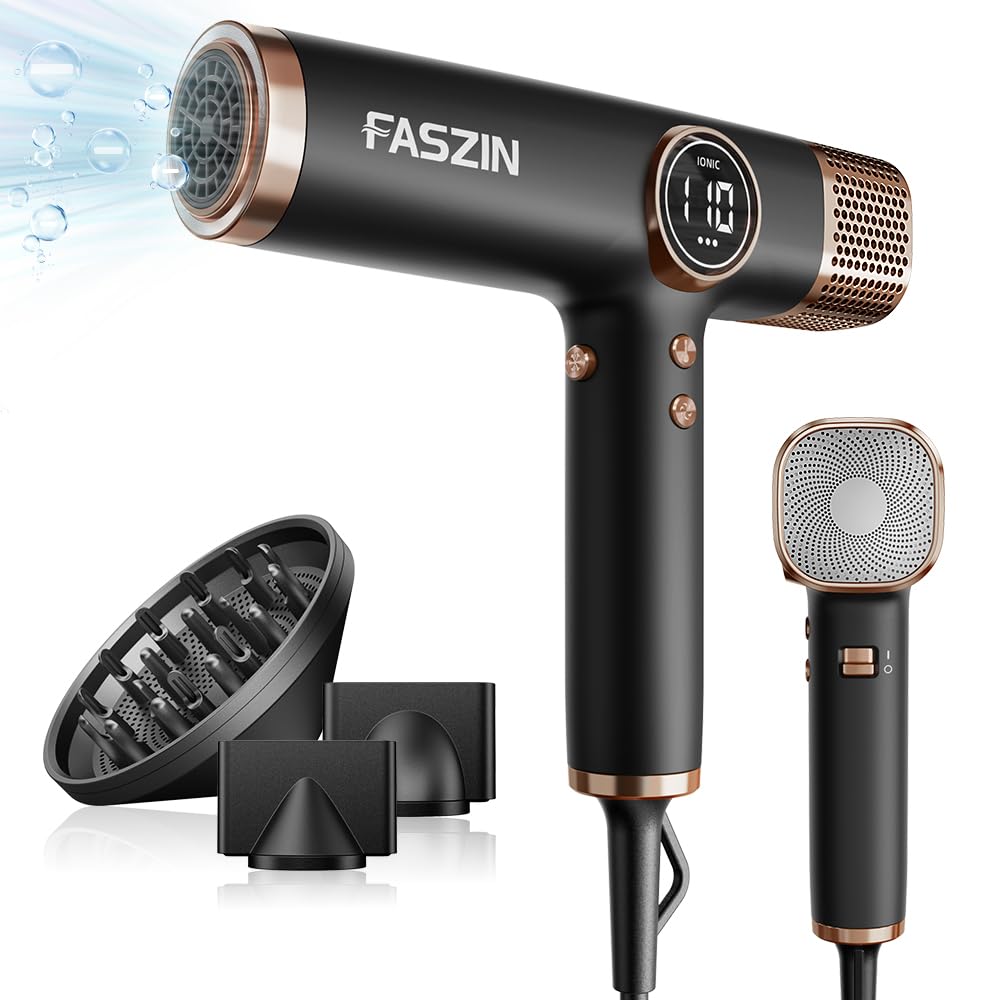 Faszin Secador de Pelo Profesional, Secador Rápido Ligero,Motor 110,000 RPM, Secador Pelo Iónico de 200 Millones para Mujeres y Hombres, Secador Pelo Silencioso, con 3 Boquillas Magnéticas (Negro)