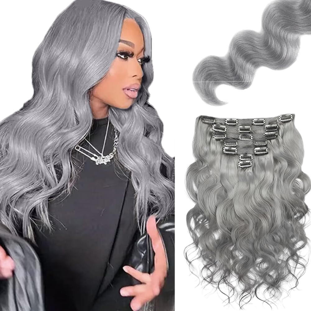 Grey Body Wave Clip in Hair Extensions,12 Inch Soft Real Human Hair,Sliver Clip ins 120g 7pcs Per,Brazilian Remy Gray Body Wave Human Hair Extensions.