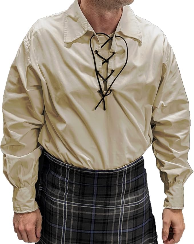 Men’s Long Sleeve Jacobite Ghillie Shirt for Kilts with Leather Tie - Cream - Comfortable fit for All Occasions Perfect for Formal and Casual wear.
