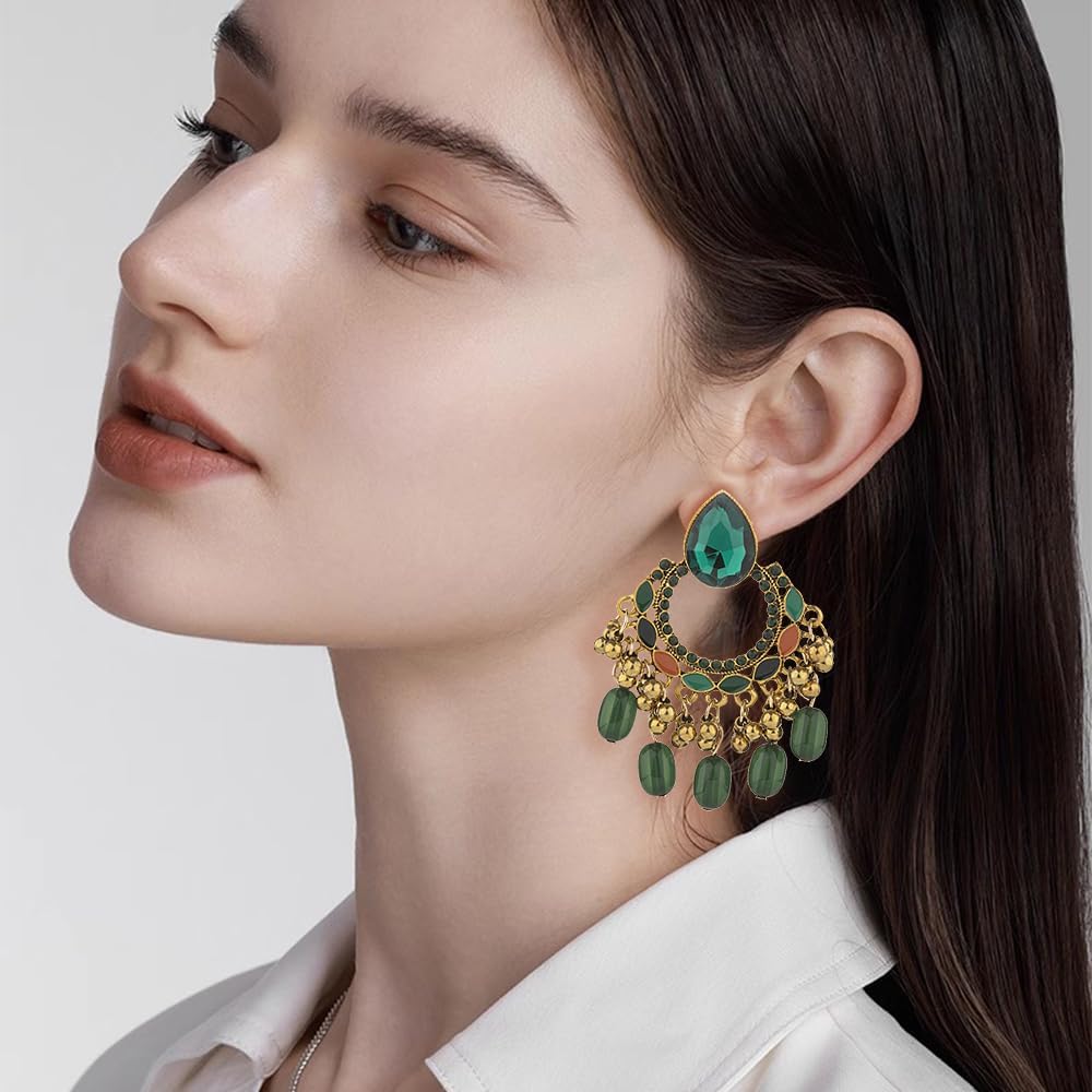 Bollywood Chandelier Statement Tassel Dangle Indian Earrings Antique Boho Imitation Rhinestone Beaded Jhumka Drop Dangling Stud Lightweight Vintage Indian Jewelry Holiday Gifts for Women - Image 2