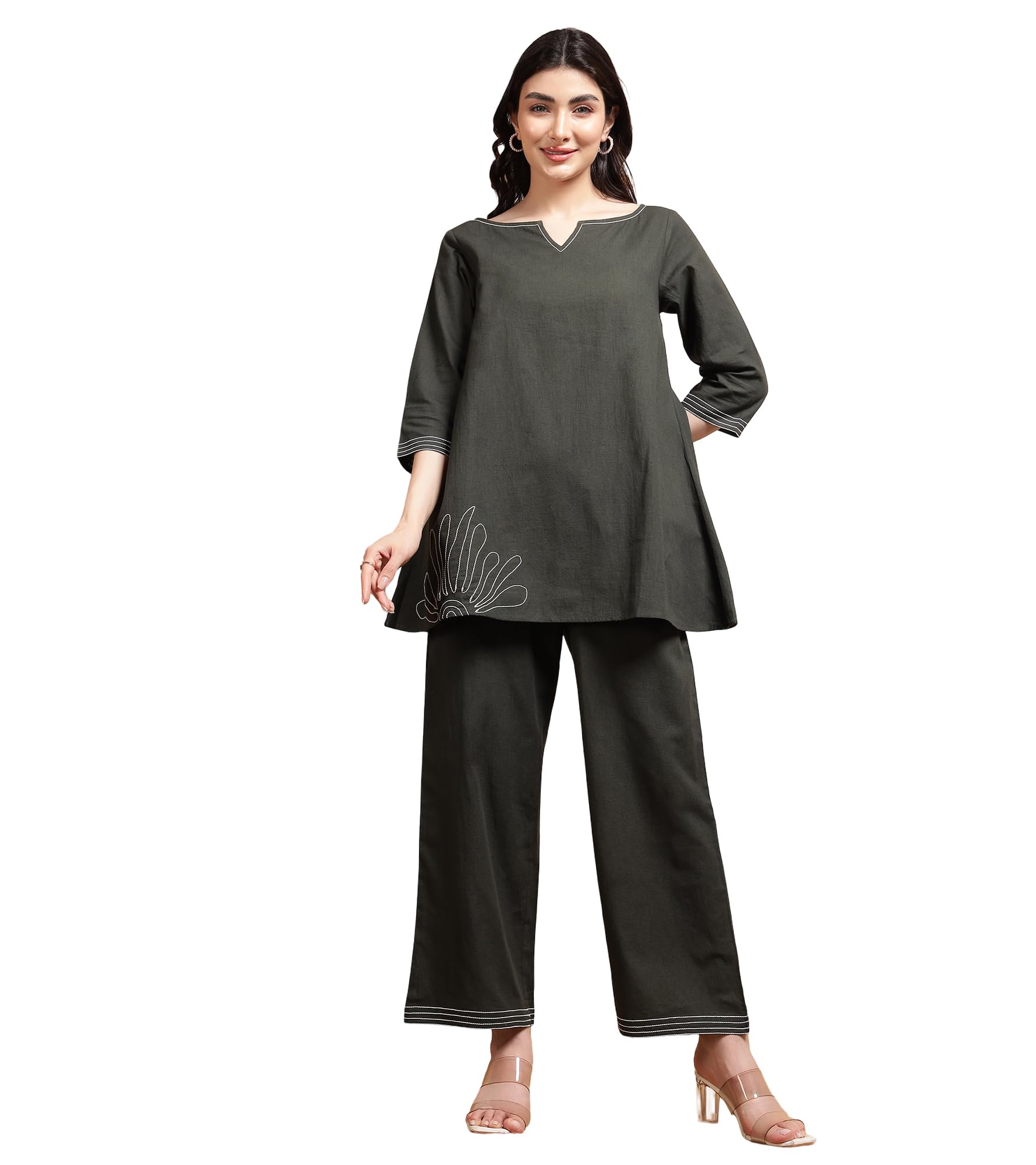 Solid Cotton Top & Pants Co-ord Set for Women's|3/4 Sleeve Boat Keyhole Neck Regular Fit Stylish Summer Western Casual Wear Ladies Trendy Cord Set