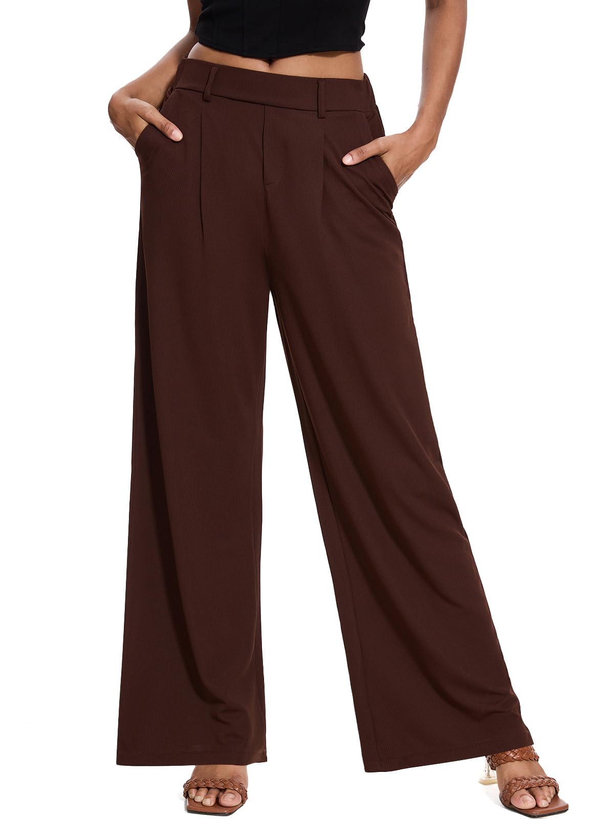 M MOTEEPI Wide Leg Pants Woman Waffle Knit Pants Flowy Lounge Dress Pants for Women with 2 Pockets