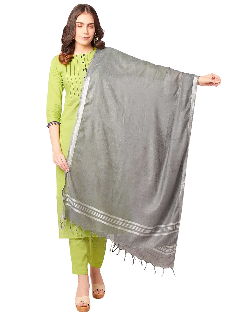 Women's Grey Plain Linen Dupatta-image-49