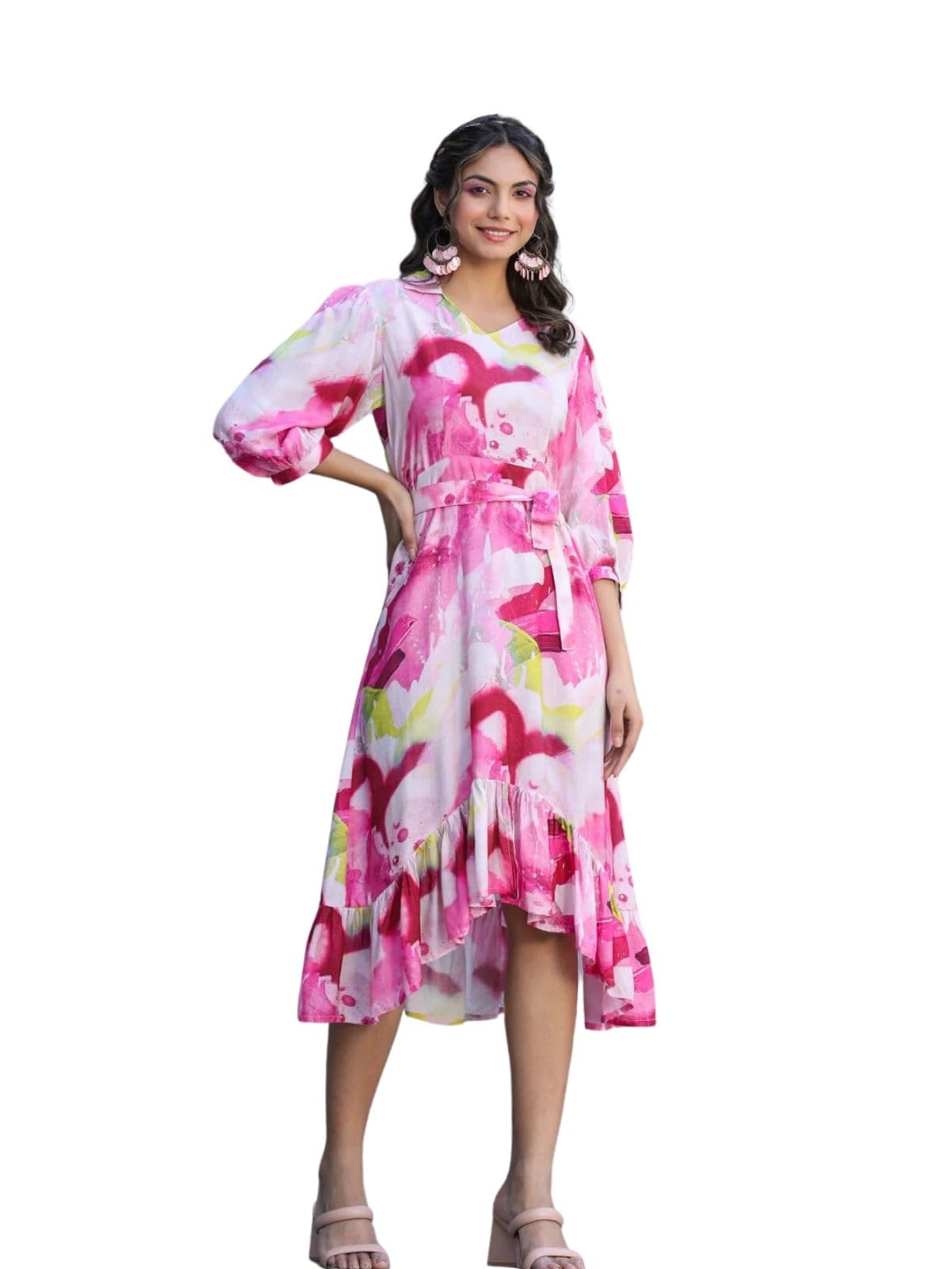 Dhruvi Trendz Womens Rayon Women Western Dresses Regular Fit Fit And Flare (Dt-Wd1121_Pink_S)