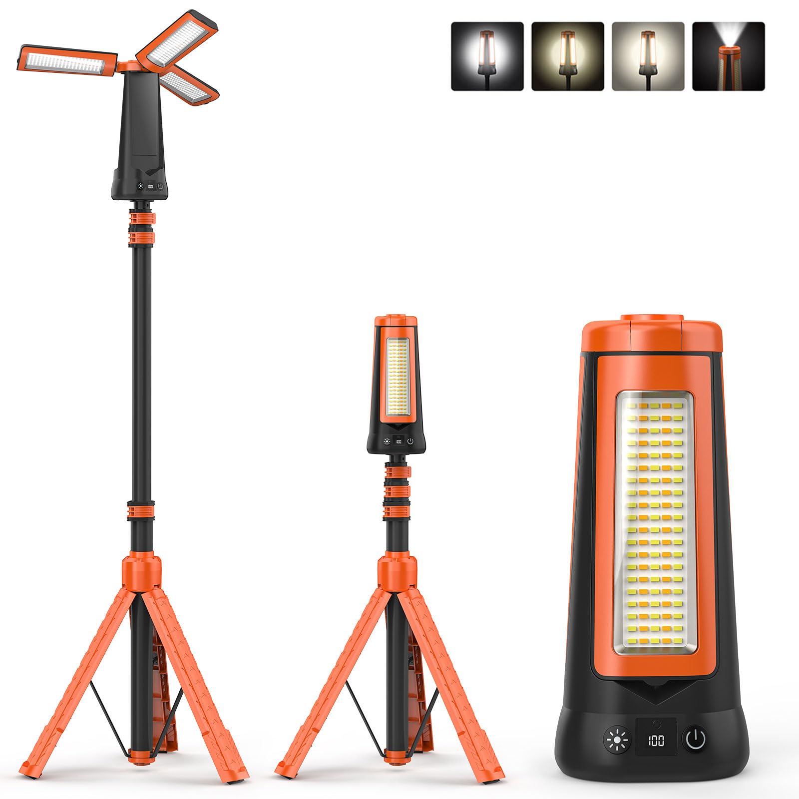 Rechargeable Camping Light with Stand 7ft Max Height, 15000mAh Portable Cordless LED Work Light, 5500 Lumen 6500/4500/3500K Dimmable Emergency Flashlight with Detachable Tripod, Orange
