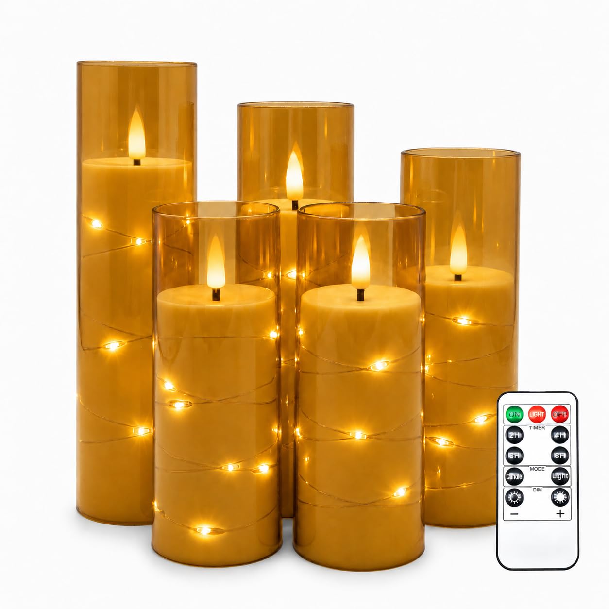 Da by 5 Candele LED Champagne con Luci Fatate Avvolgenti, Copertura Vetro Trasparente, Fiamma Tremolante Realistica, Resistenti al Caldo, 1 Telecomando per Decorazioni Interno ed Esterno
