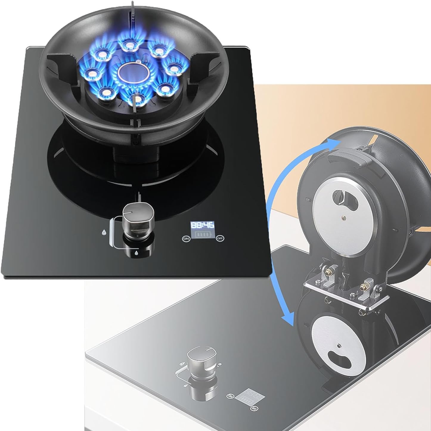 Gas Stove 33cm, Timer 5.2KW 9-Cavity Fire Ring Wok Burner, Black Tempered Glass Countertop for Cooking, with Flameout Protection, Suitable for Home Kitchens (Size : LPG)