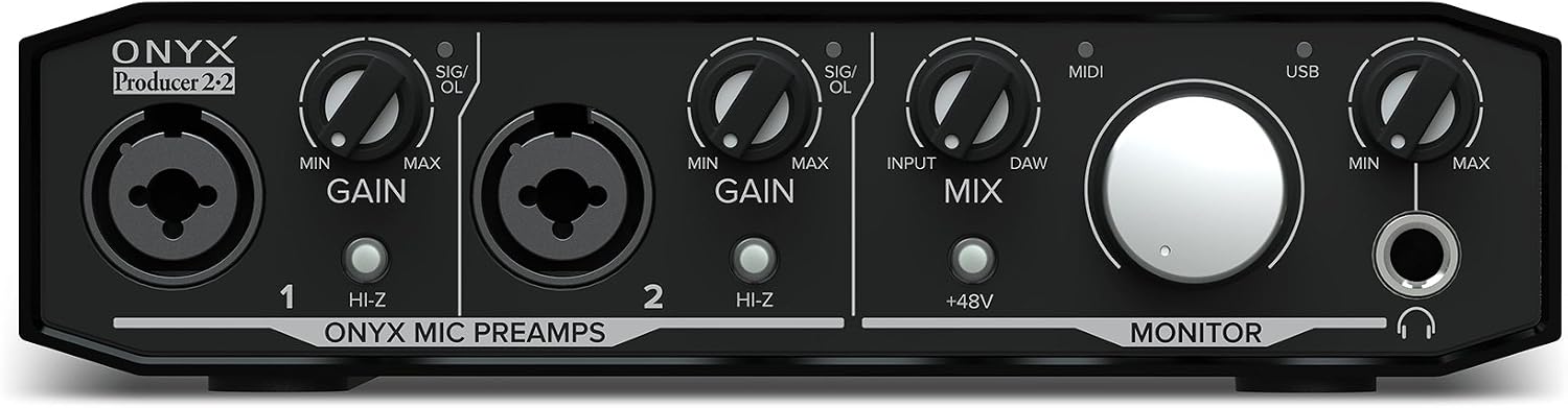 Mackie Onyx Producer Recording Interface Bundle with Rockville PRO-M50 Headphones, RCM03 Pro Mic, RCTR106B TRS to TRS Cable, RDMS70 Mic Stand and RHPA4 Headphone Amplifier Stereo