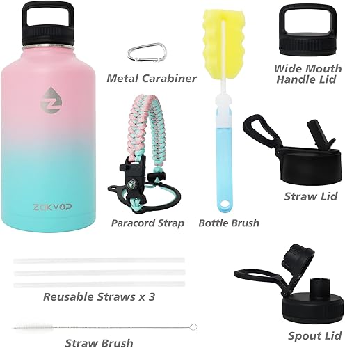 Vista 18 de ZAKVOP - Botella de agua aislada de 64 onzas con pajitas y 3 tapas, botella de agua de medio galón de acero inoxidable de doble pared, jarra de agua