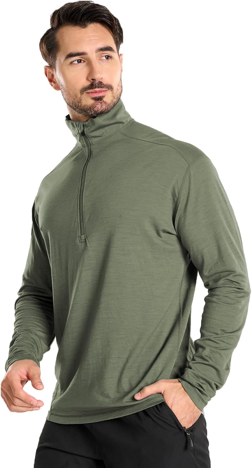 Men's Long Sleeves Merino Wool Quarter Zipper Base Layer for Hiking Outdoors