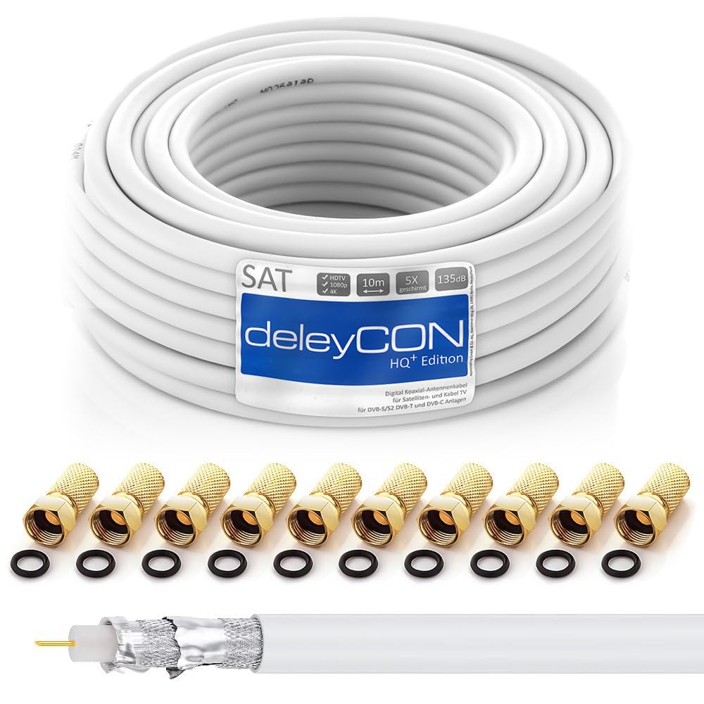deleyCON 10m HQ+ Cavo Coassiale SAT 135dB con Schermatura Quintupla DVB-S/S2 DVB-T DVB-C BK HDTV 4K 1080p Full HD + 10 Connettori F Dorati