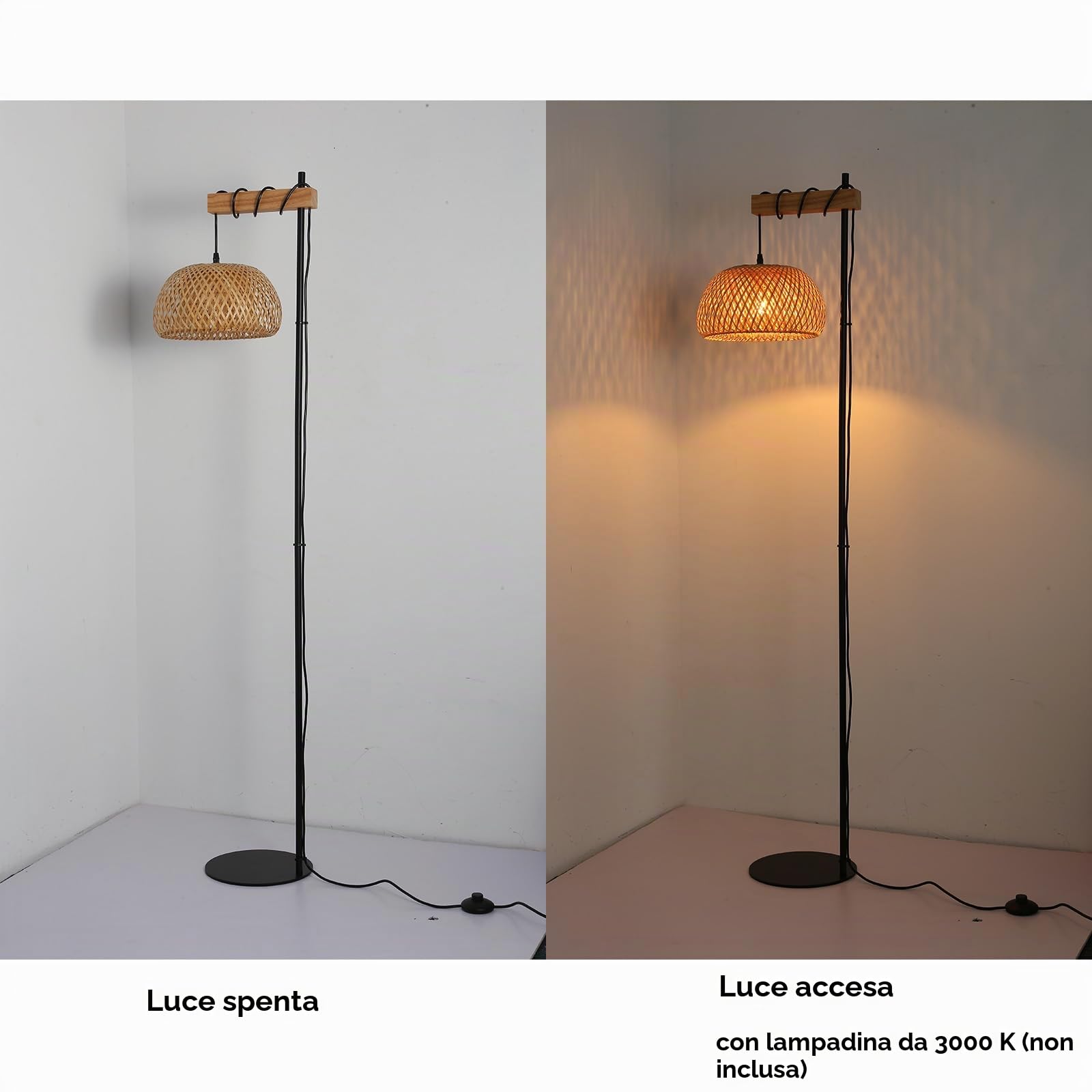 Alpinaluz Lampada da terra con paralume in vimini naturale, fatta a mano, struttura nera e legno, base sottile, interruttore a terra, stile moderno boho, 157 cm, E27