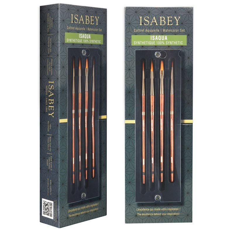 4 pinceaux - Rond - Traceur - Plat - Aquarelle - Isabey - Isaqua - Fibres synthétiques