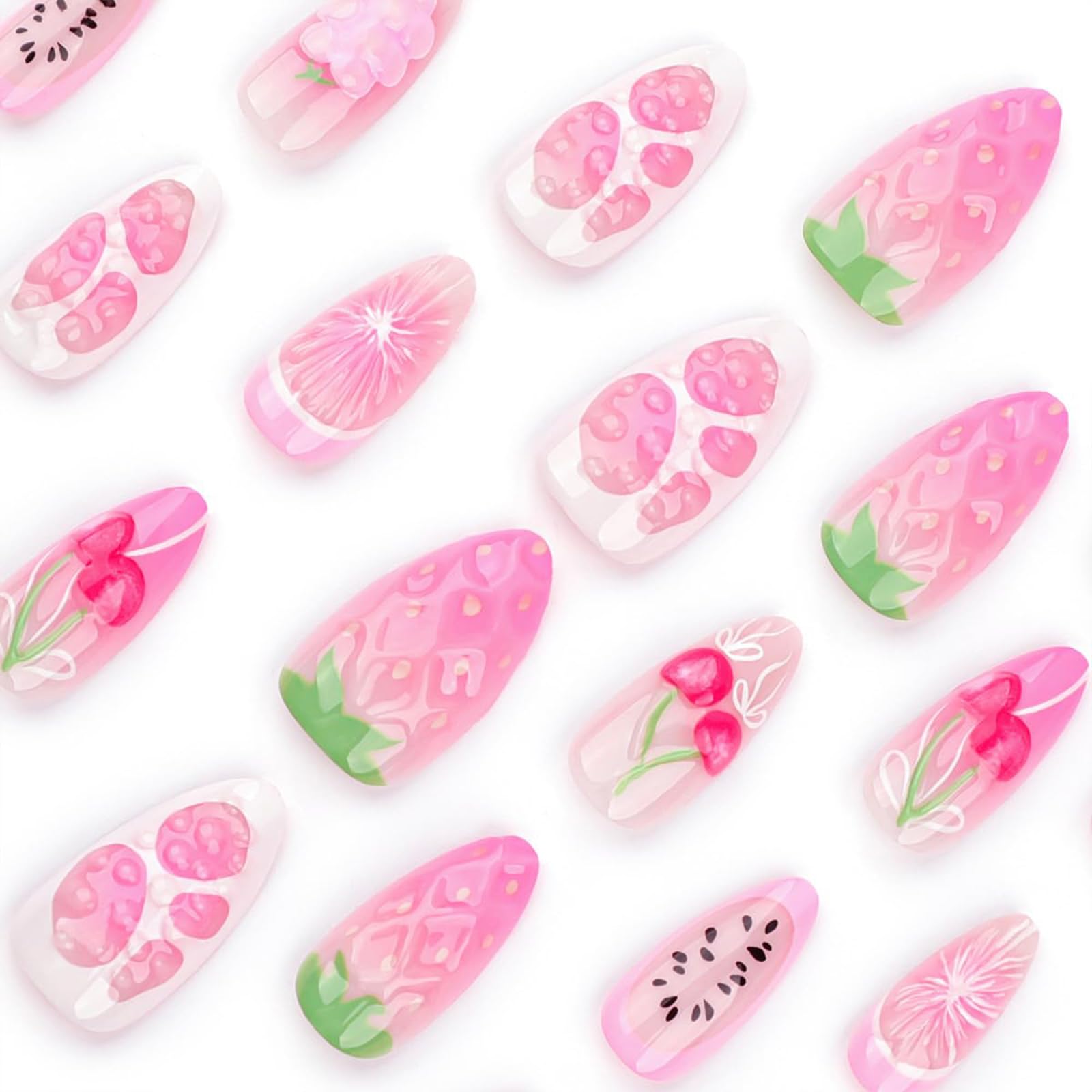 GlamRays 24 Pieces Spring Press on Nails Short Almond Pink Purple Nail Tips Acrylic Nail Set Strawberry Cherry Orange Nail Art False Nails Press ons French Tip - Image 3