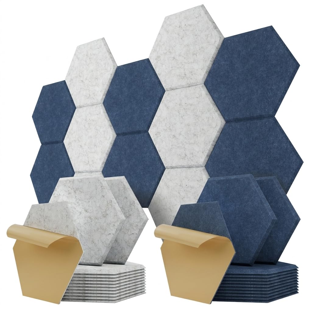 Kuchoow Paneles Acusticos Hexagonales Pared Autoadhesivo, Bundle 12 piezas Gris y 12 piezas Azul marino