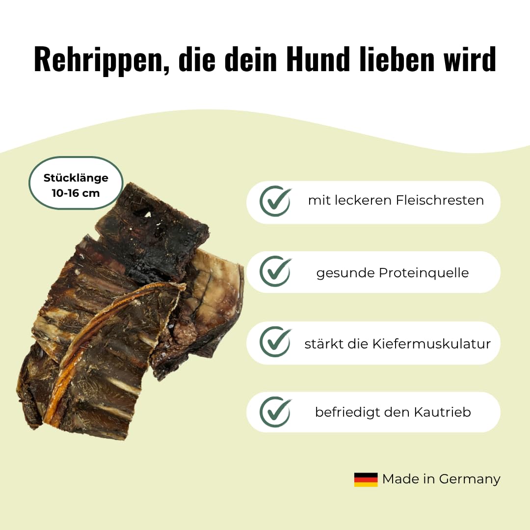 Rehrippen Hund getrocknet 1,2 kg gestückelt - Kauartikel Hund groß, Kauknochen, Natur Kauartikel wild, Hundekauknochen mit Fleisch, Zahnreinigung Hund unbehandelt mit Fleischresten Kauspaß