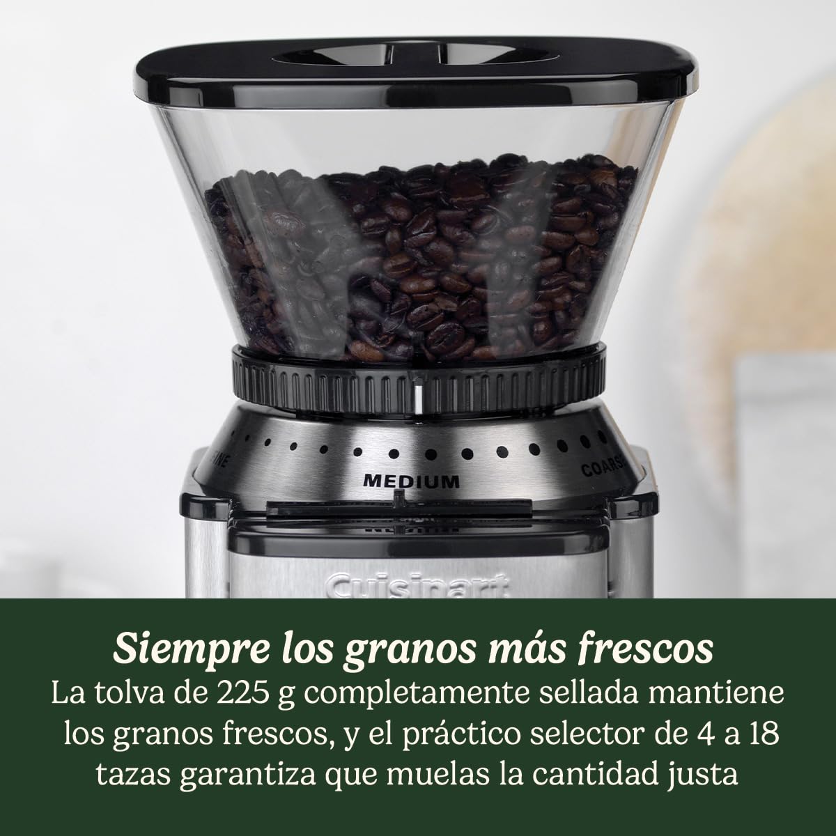 Cuisinart Molinillo de café, uso doméstico, 4-18 tazas, 8 posiciones de molido, Diferentes intensidades de infusión - espresso, cold brew, latte, cappuccino, Fresa Acero Inoxidable