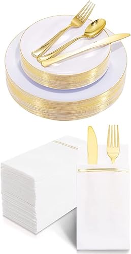 Nervure 125 platos de plástico con borde blanco y dorado, 100 servilletas de papel blanco y dorado, servilletas desechables con bolsillo integrado