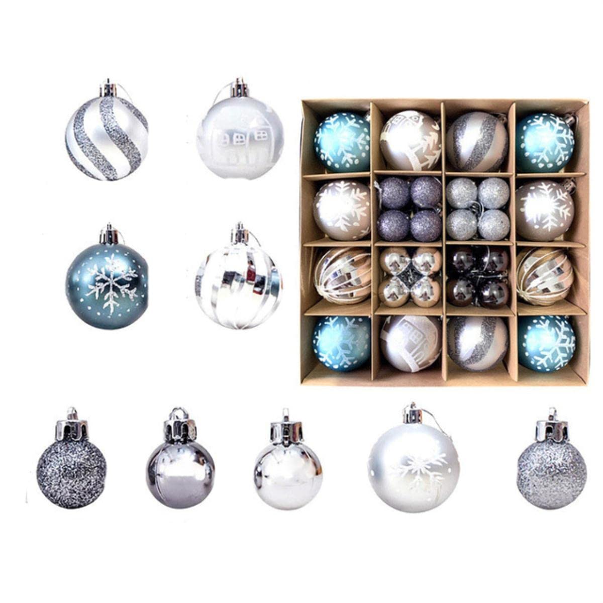 Juego de Bolas de árbol de Navidad Que pintan Bolas de Navidad Multicolores decoración de Fiesta Adornos de árbol de Navidad de año Nuevo para el hogar-44 Piezas Azul Plateado, 3cm-6cm