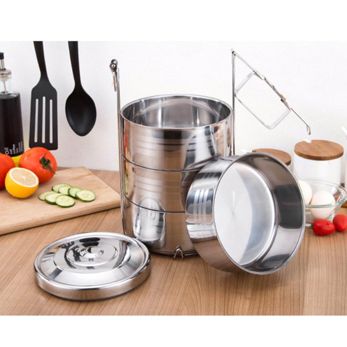Cabilock Fiambrera Térmica de Acero Inoxidable Portátil Diseño de 4 Niveles para Picnic y Trabajo, Contenedor de Almuerzo que Mantiene la Comida Separada y Conservada