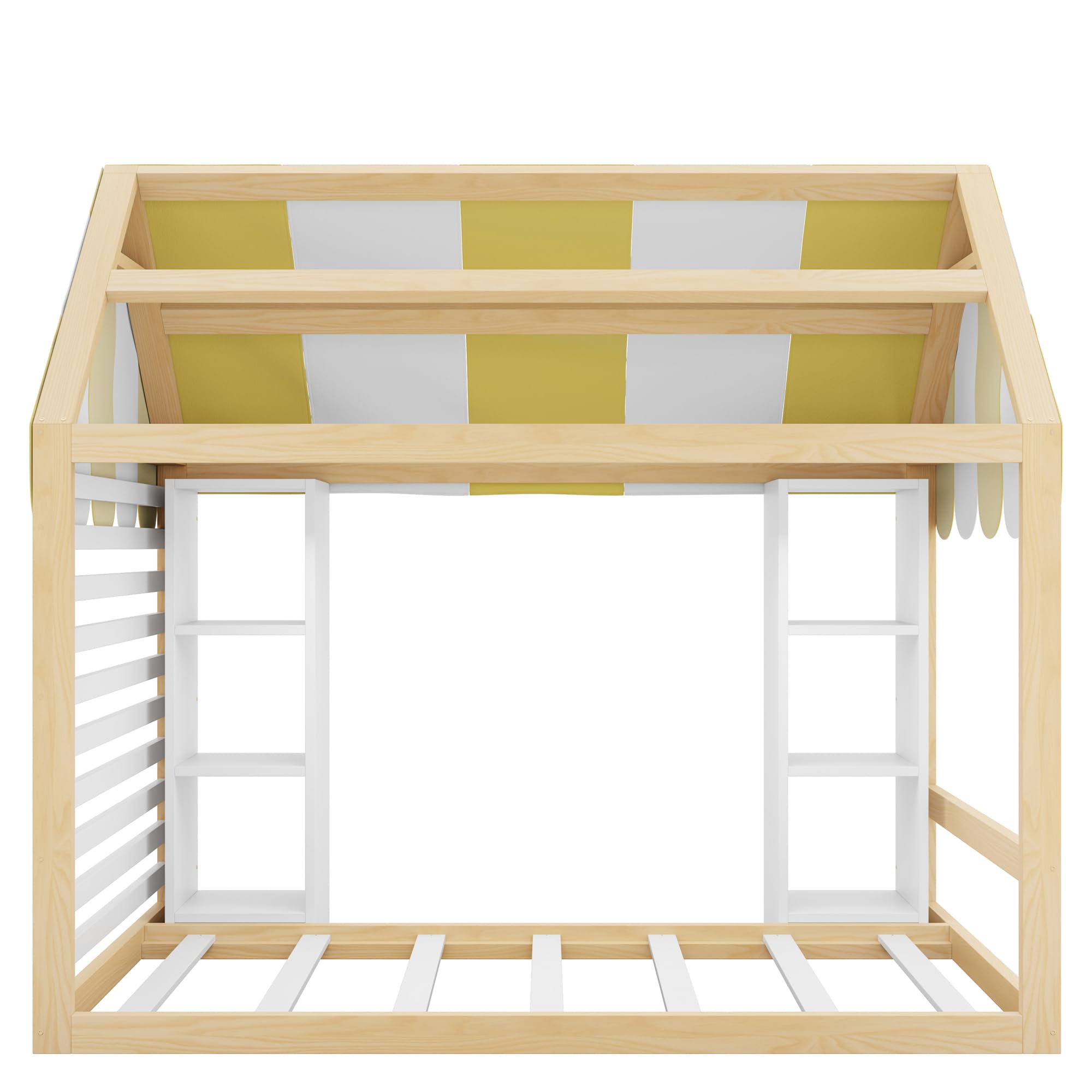 Kinderbett Landhausstil, 90 x 200 cm, mit Himmelbett, offenem Stauraum vorne und Holzrahmen, Holzfarbe+weiß, Weiß+Natur