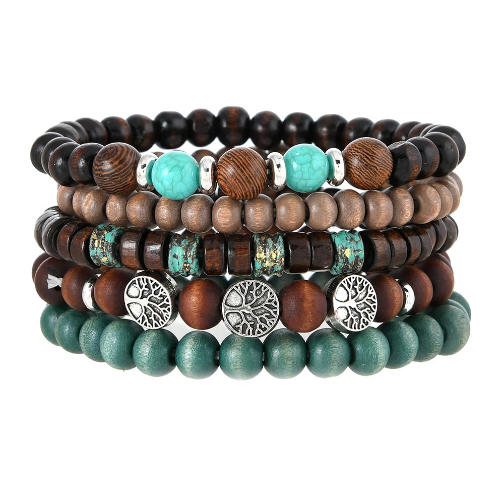 Touyony Tree of Life Beaded Bracelet for Women Men - Bohemian Wooden Beads & Stone Stretch Bracelet Stackable Jewelry Set Adjustable Spiritual Healing