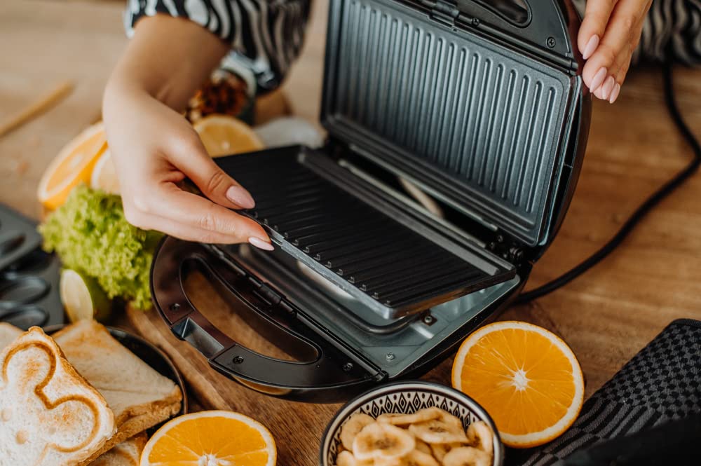 LEHMANN Plancha Sandwichera 5 en 1, 800W, con 5 Placas Antiadherentes y Extraíbles - Grill, Tostadora, Gofrera, Maquina para Hacer Nueces, Tostadora con Caritas Sonrientes
