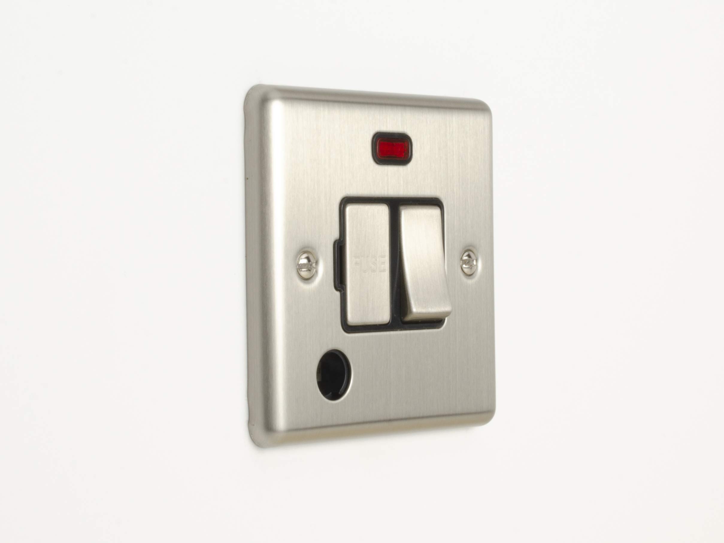 EUROLITE Enhance Brushed Satin Steel Switched Fuse SPUR with Flex Outlet and NEON FCU ENSWFFON SSB