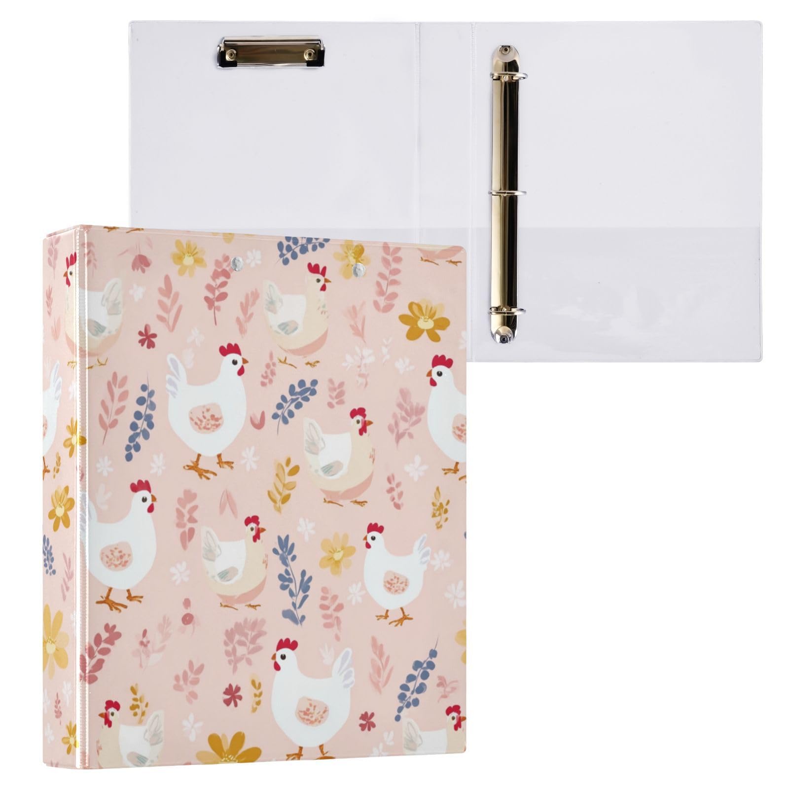 Kcldeci Raccoglitore a 3 anelli con copertina rigida, grazioso motivo di polli e fiori, anelli rotondi da 3,8 cm, con tasche interne, per scuola, ufficio, ricette, raccoglitori, confezione da 2