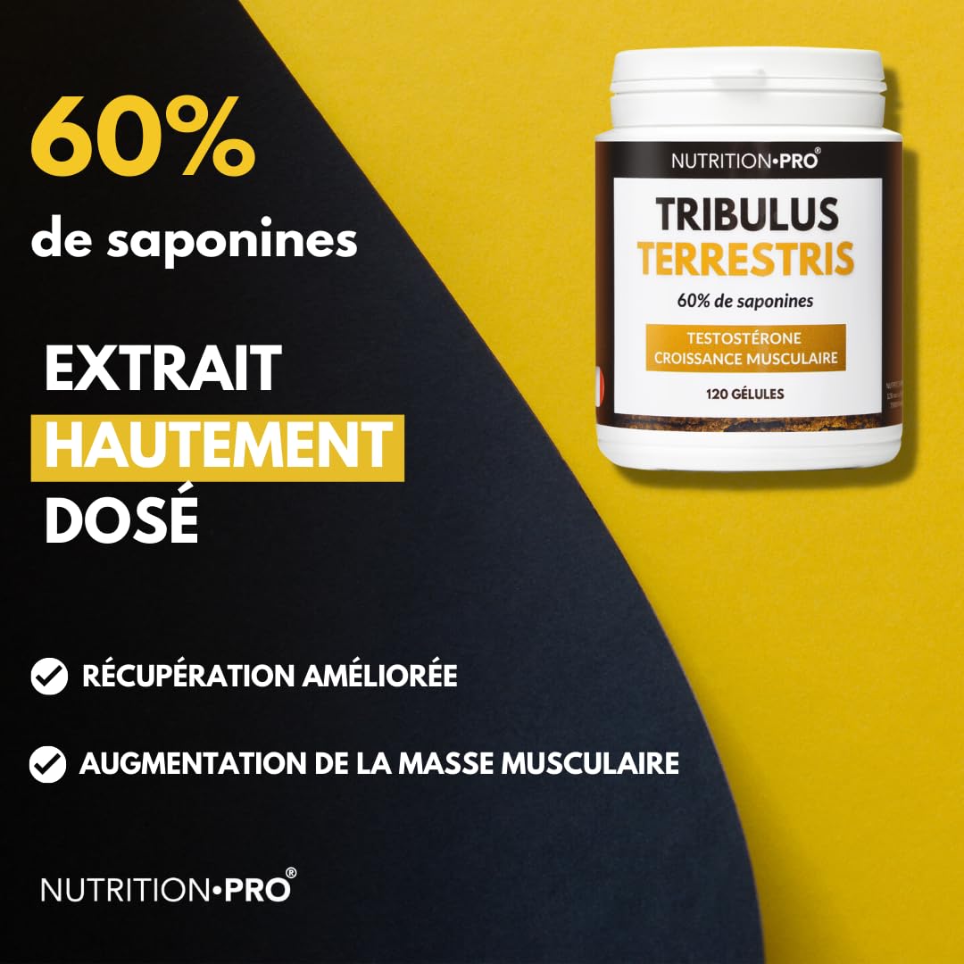 Tribulus Terrestris - 120 gélules | Hautement dosé en saponines (90%) | Croissance Musculaire | Musculation | Fabriqué en France | Nutrition pro