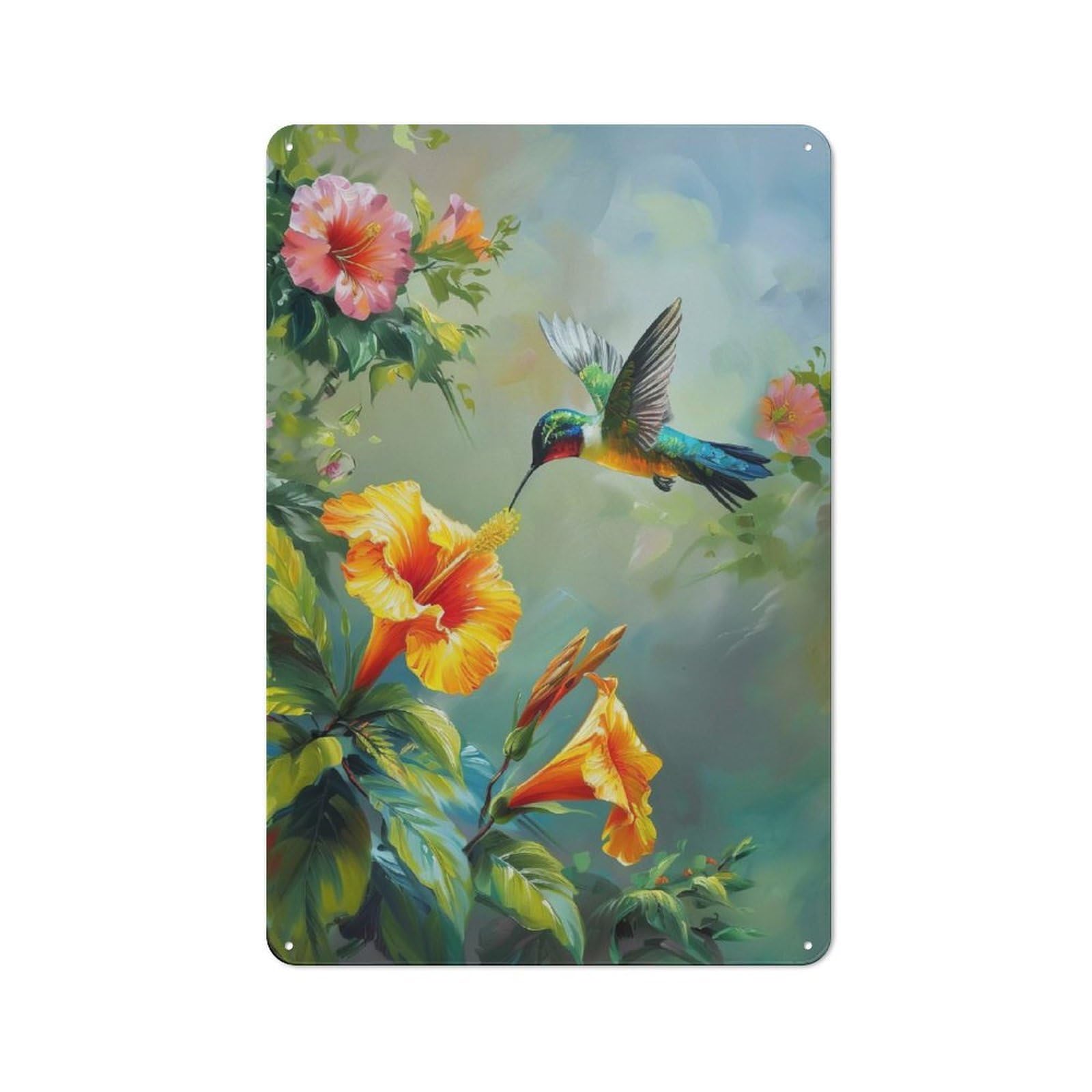 Junmoney Style-13 For Hobby Room Or Studio, Hummingbird And Flowers Retro Metal Sign 30X20cm, A Decorative Gift For A Newly Furnished Hobby Room And Studio
