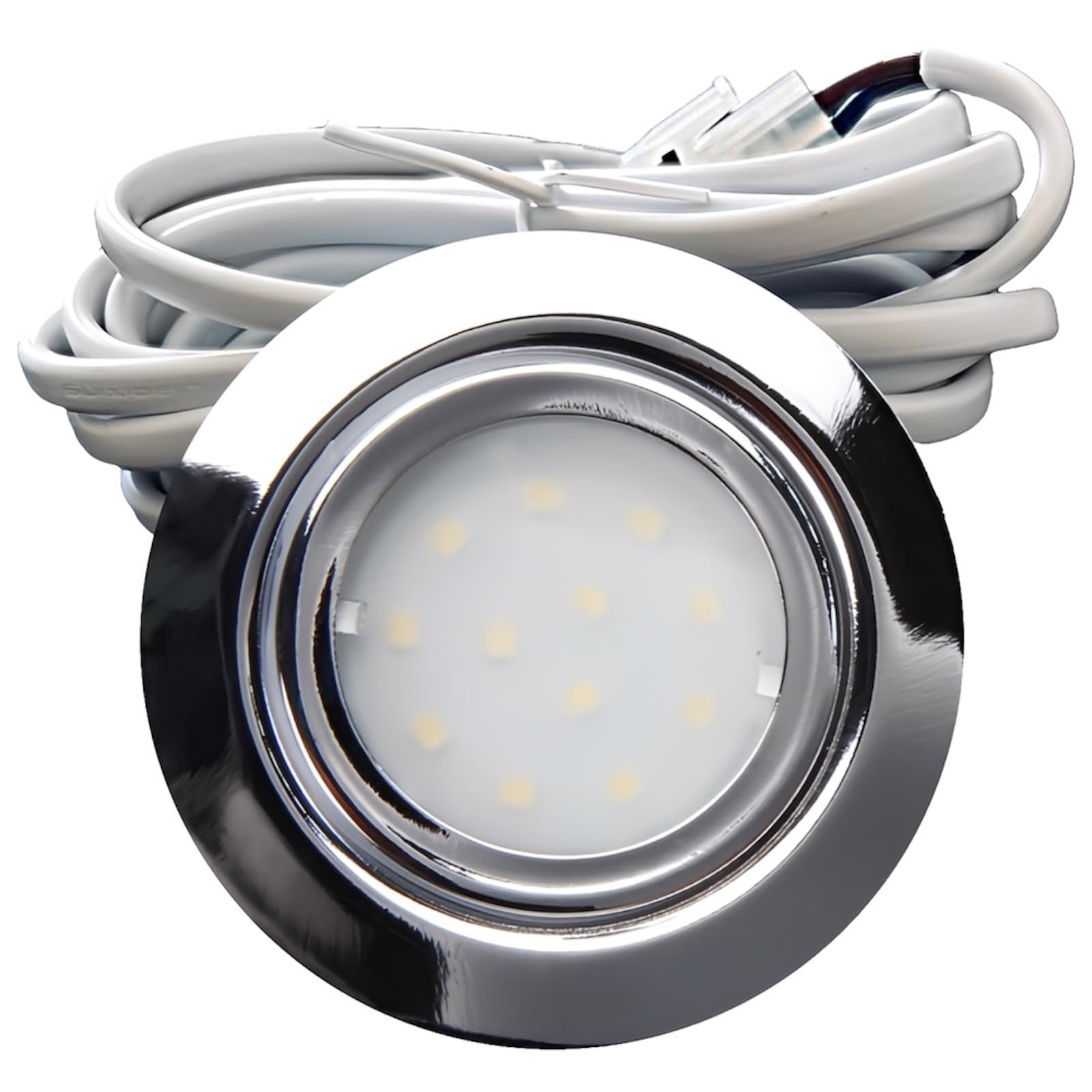 5er Set LED Einbauspot Leni 12V 2,2W Neutralweiß 4000K Chrom | IP44 Ø72mm flach | 240lm je Leuchte | Mit Trafo, AMP-Verteiler & 230V Zuleitung inkl. Schnurschalter | Für Küche & Möbelbeleuchtung