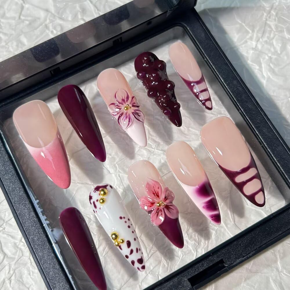 MAGLFELL Press On Nails - Handmade Long Stiletto Fake Nails, 3D Painting Purple French and Floral Design, Reusable Artificial False Nails for Women 15 Sizes - 30Pcs Stick On Nails Kit
