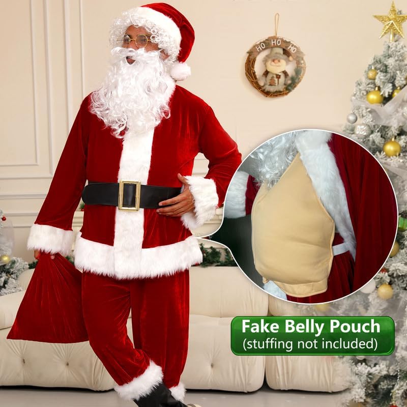 QMKKX Santa Costume Suit for Men Adults with Fake Belly Pouch,11PCS Claus Set Deluxe Velvet Professional Christmas Suits Red XX-Large