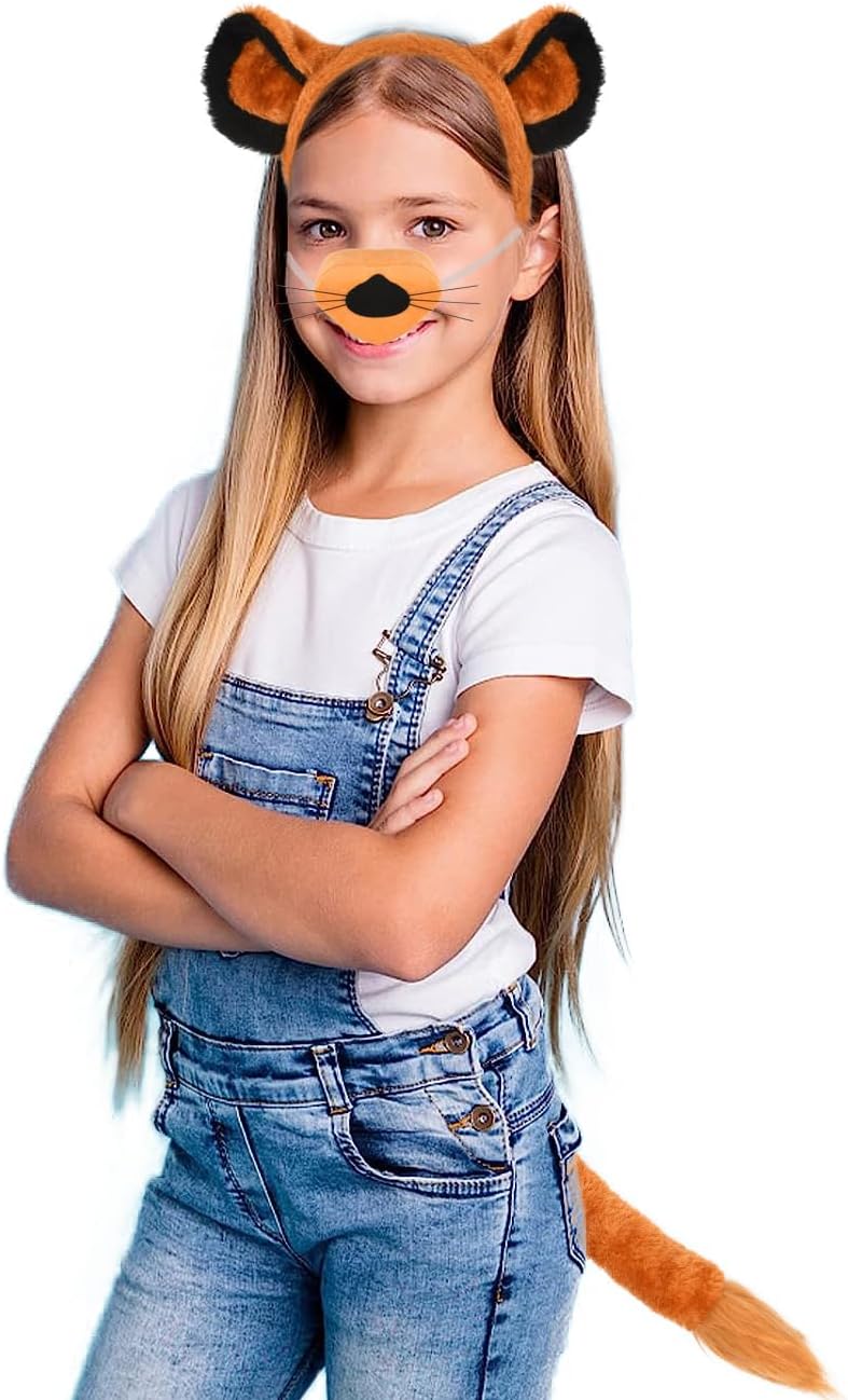 Lion Costume Accessory Set with Ears Headband, Nose, Paw Gloves, Clip-On Tail, Orange and Black - Image 4