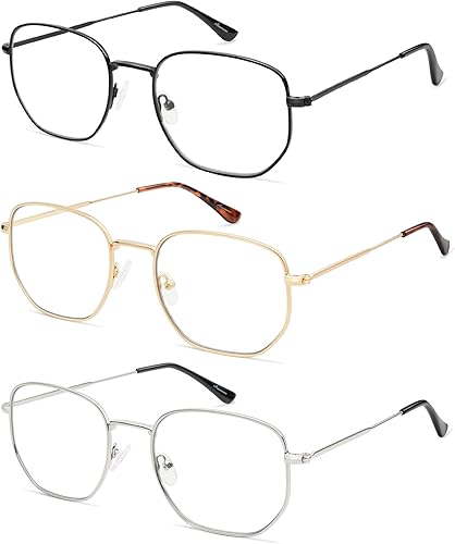 Miniatura 3 de Paquete de 3 lentes de lectura cuadrados retro para hombres y mujeres, clásicos con bloqueo de luz azul, para lectura de computadora, marco de metal
