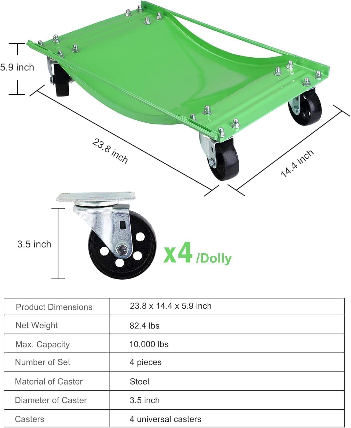 Acekool 4-Piece Heavy Duty Car Dolly Set - 10,000Lbs Capacity, 3.5" Swivel Casters, Anti-Skid Green Vehicle Moving Dollies for Cars & Trucks