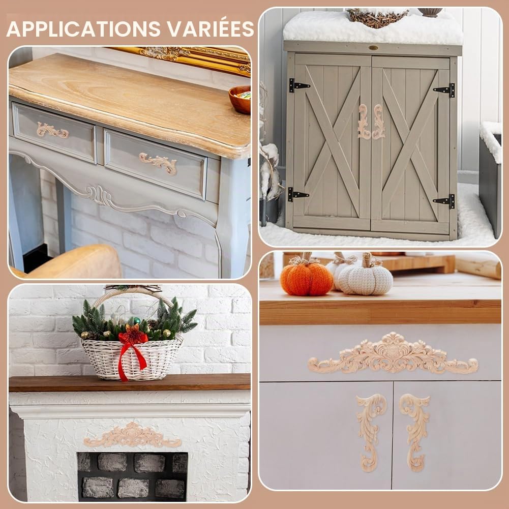 16Pcs 2 tailles Appliques Décoratives et Incrustées en Bois | Autocollants Décoratifs D'Angle en Bois Sculpté Non Peints pour Portes D'Armoires Lits Armoires Murs Projets de Bricolage