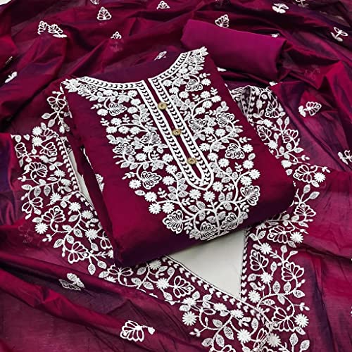 Image of Y2Y Women's Heavy Cotton Embroidery Work Unstitched Salwar Suit Dress Material With Chanderi Work Dupatta (Free Size Multi Color)