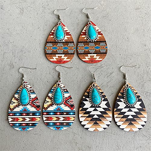 Western Cowgirl Cowboy Wooden Teardrop Dangle Earrings for Women Boho Vintage Turquoise Aztec Pattern Cactus Print Leather Earrings Jewelry4