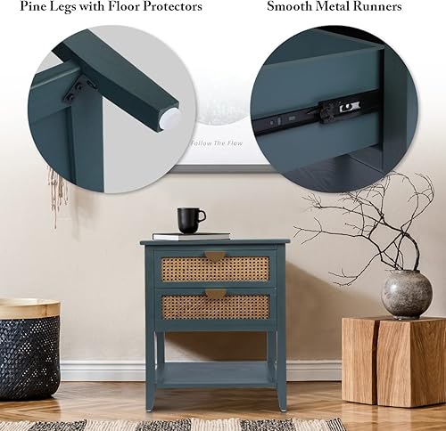 Vista 6 de Mesitas de noche con 2 cajones, mesita de noche de ratán, mesa auxiliar de almacenamiento, organizador de tocador, cajón y estante para entrada