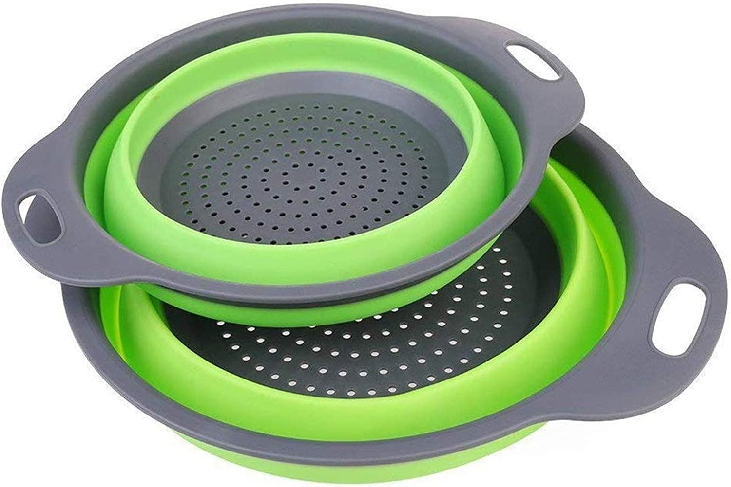 Juego de 2 coladores plegables redondos de silicona para fregadero de cocina y cesta de frutas, 1 grande y 1 pequeño, perfecto para escurrir pasta, verduras y frutas, artículos esenciales para el