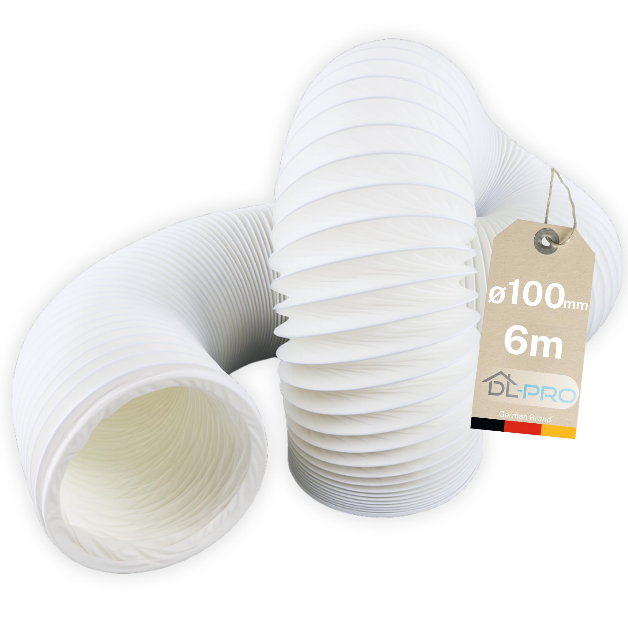 DL-pro 6 m Diameter 100 mm Exhaust Hose - Flexible Hose PVC White for Air Conditioning, Cooker Hood, Dryer - Not Suitable for Diameter 102 mm Connection