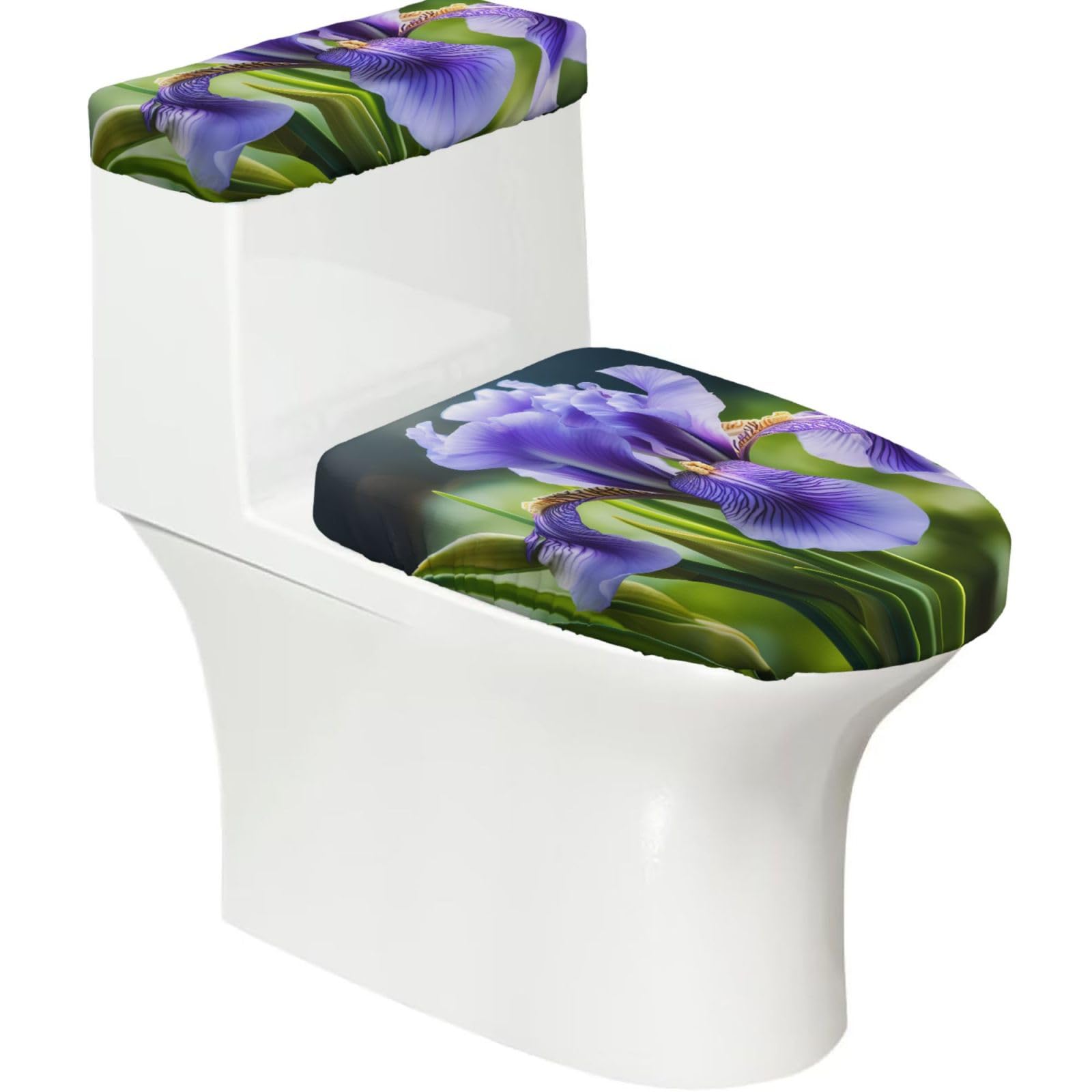 French National Flower 2-Piece Toilet Seat Cover Set with Tank Lid - Elastic for U-Shape & Elongated - Bathroom Decor