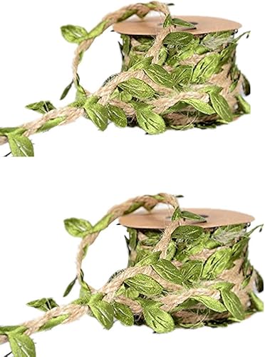 Amlrt 2 paquetes de hilo de yute natural, 0.197in de cinta de hojas de arpillera artificiales, hojas verdes de la vid para la boda del hogar,