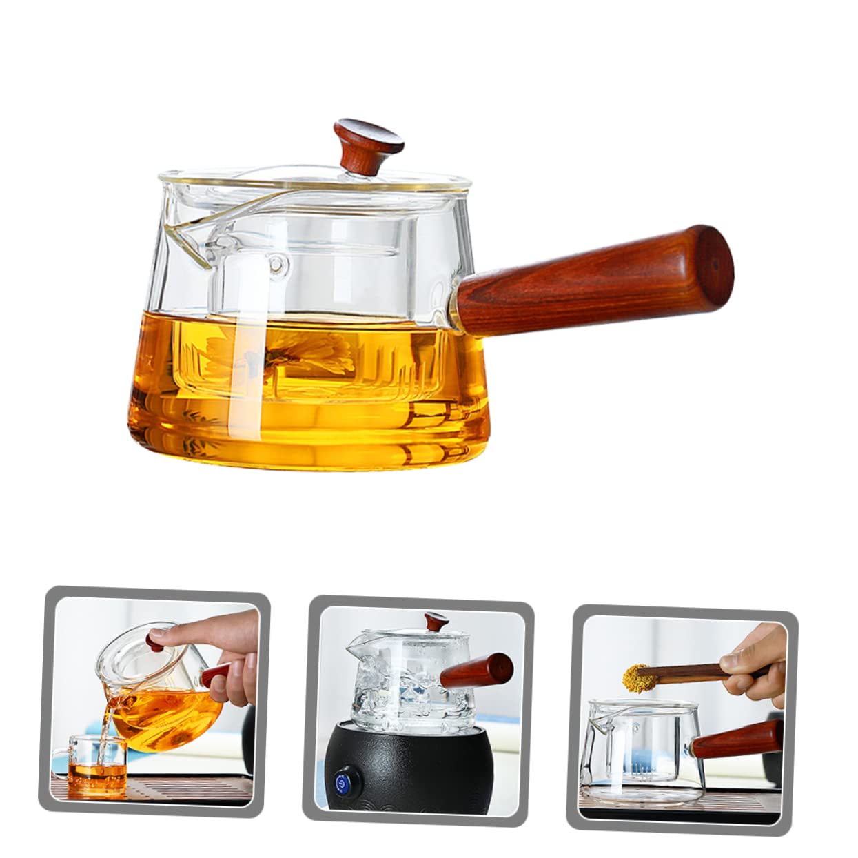 ULTECHNOVO Glas Teekanne Mit Sieb Für Tee Zubereitung Tragbar Für Haushaltsbedarf Transparent Mit Holzgriff Für Einfache Handhabung Und Reinigung