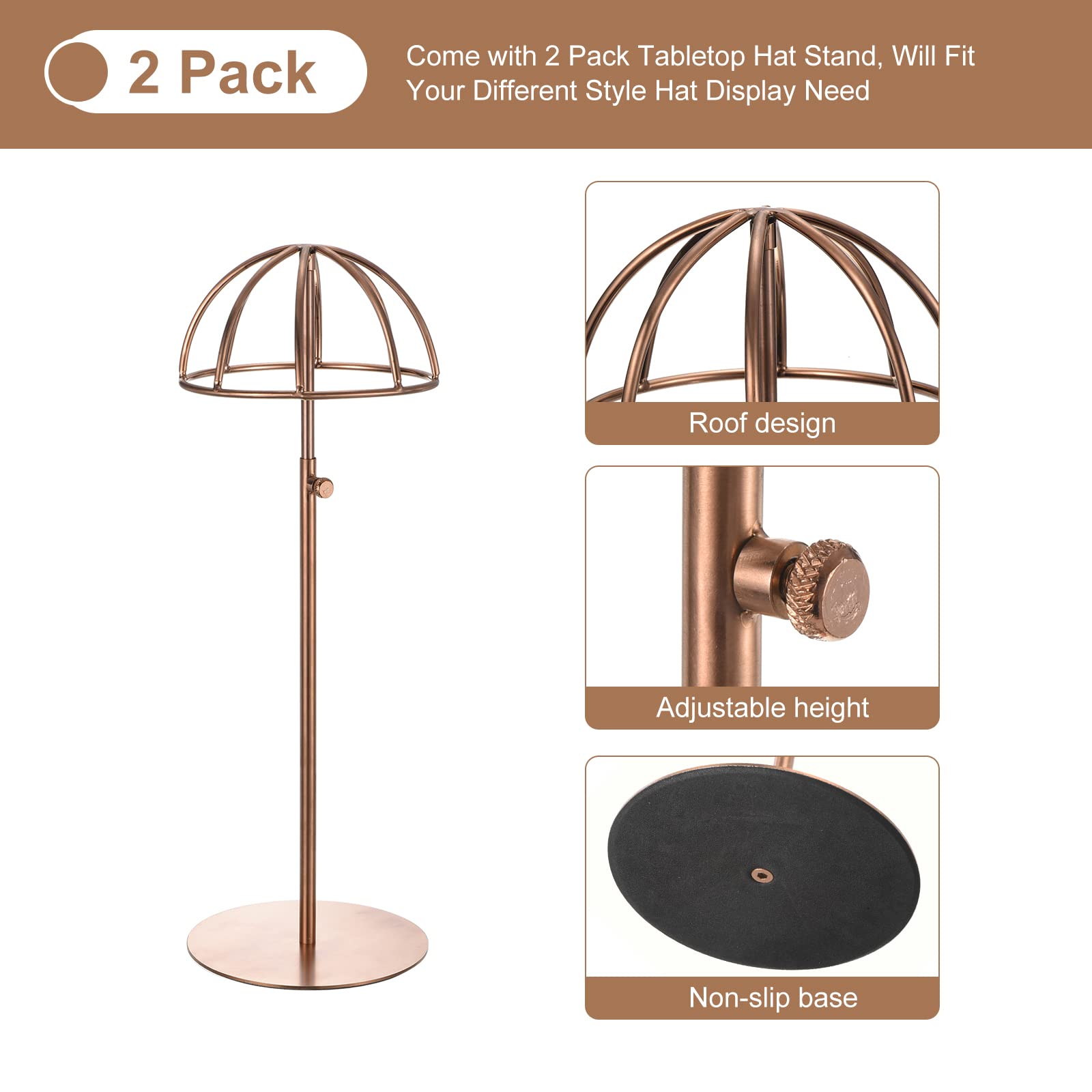sourcing map Metall Hut Anzeige Stand 2 Pack Einstellbar Tisch Hütte und Perücke Rack Halterung für Baseball Kappe Fedora Hut Cowboy Hut - Rose Gold