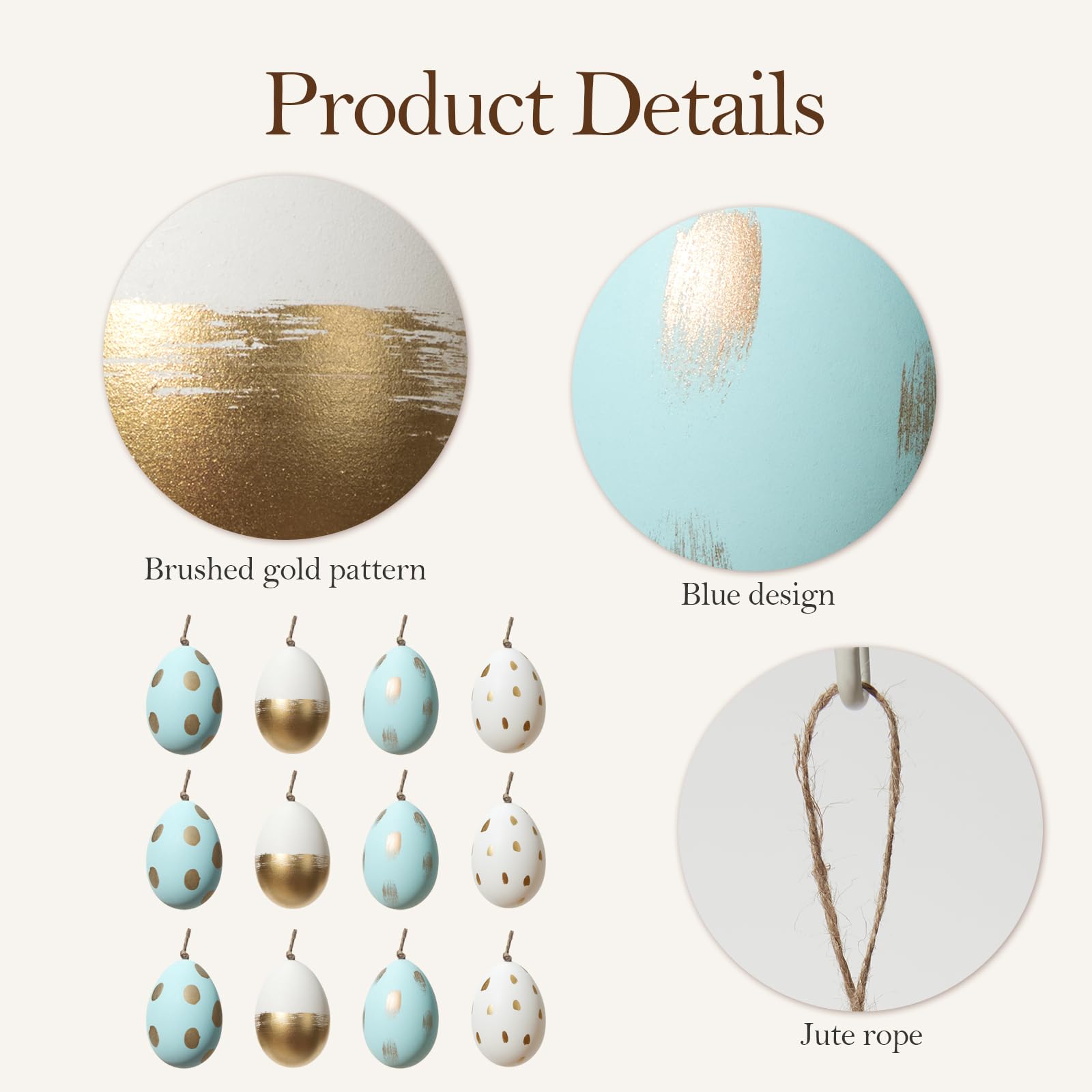 DN DECONATION Set di 12 ornamenti da appendere a forma di uovo di Pasqua, uova di plastica bianche e azzurre con puntini dorati e pennellate, decorazione per la casa fresca primaverile per tavolo da