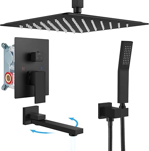 Miniatura 10 de gotonovo Grifo de ducha negro mate, montaje en pared, sistema de ducha de baño de triple función con boquilla de bañera, cuadrado de alta presión,