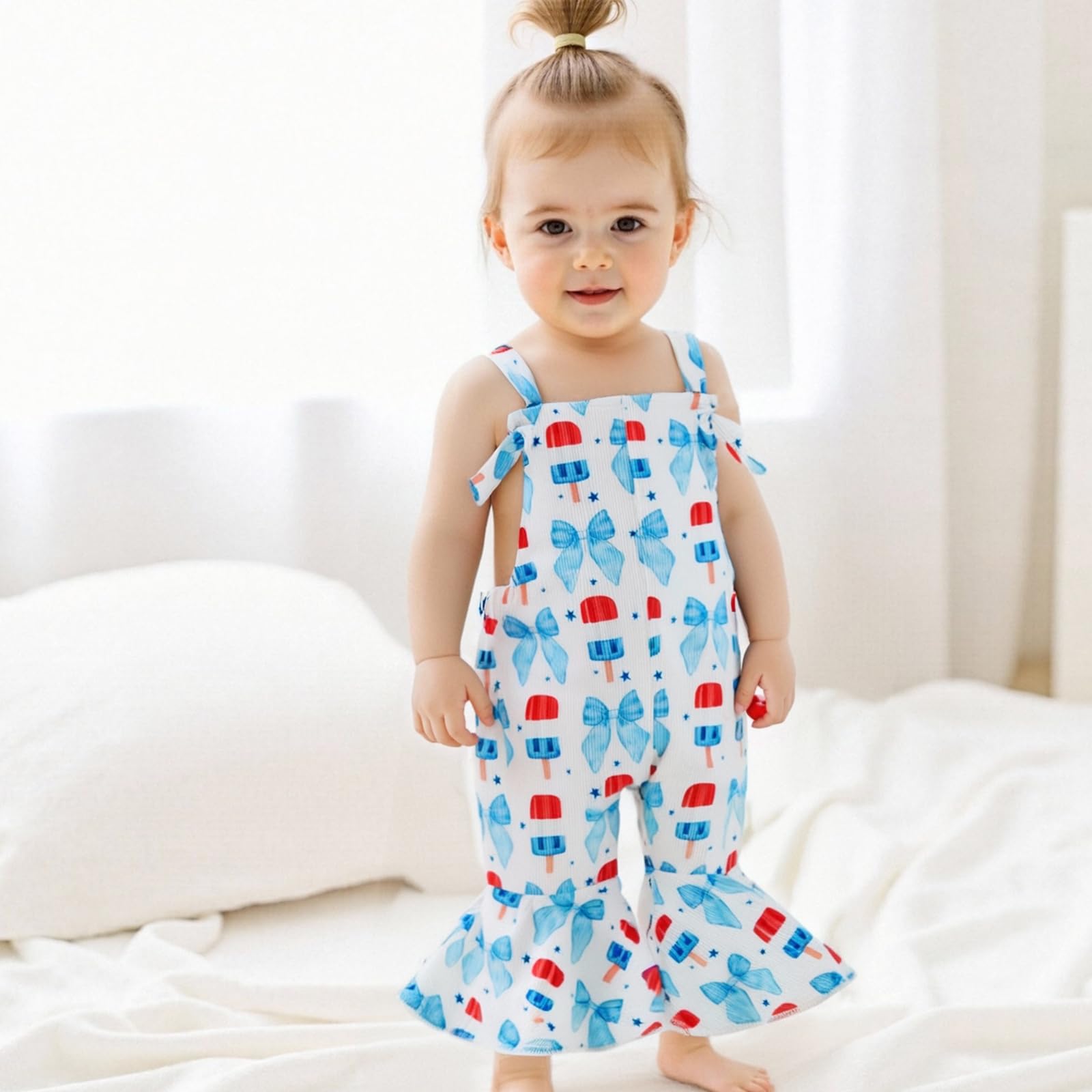 Gaono 4th Of July Baby Girl Bell Botton Overalls Toddler Girl Flare Romper Sleeveless Pants Jumpsuit Boho Summer Clothes (B-White, 12-18 Months)
